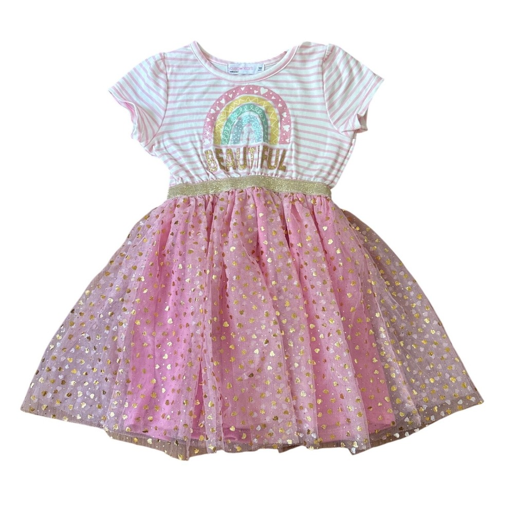 Young Hearts Tutu Dress Girls Pink Rainbow Stripe Gold Foil Hearts SIZE 2T